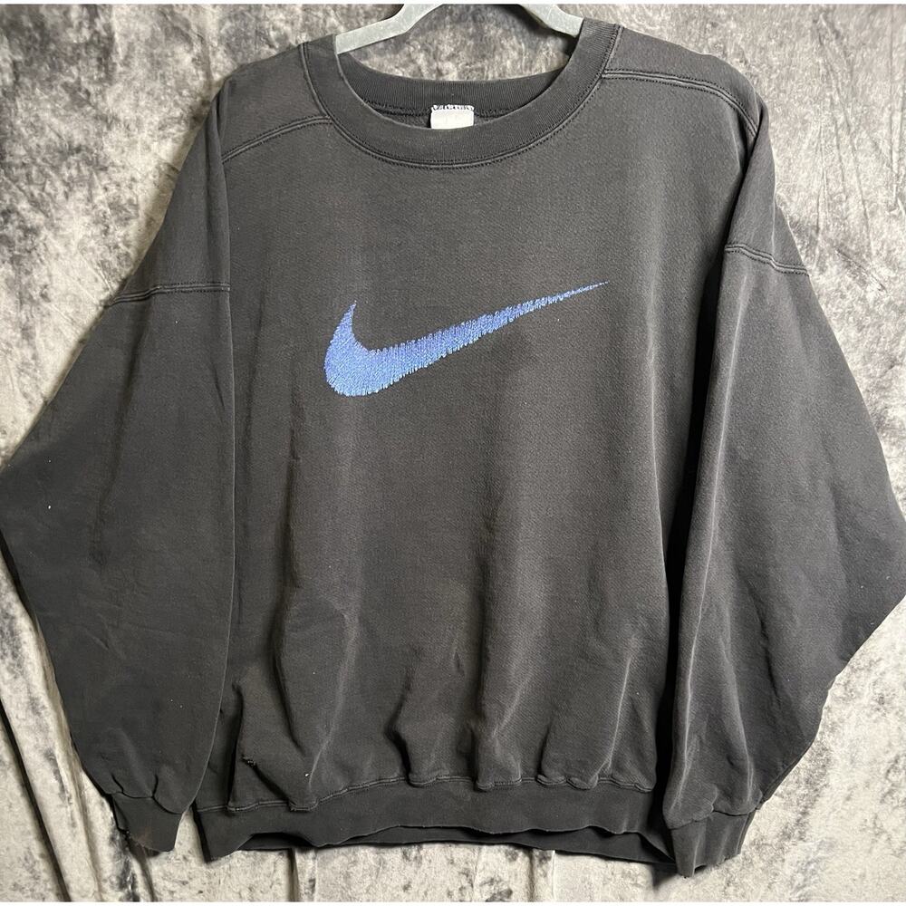 Vintage Nike Crewneck Sweatshirt Black Blue Swoosh USA Made Mens XL 90s